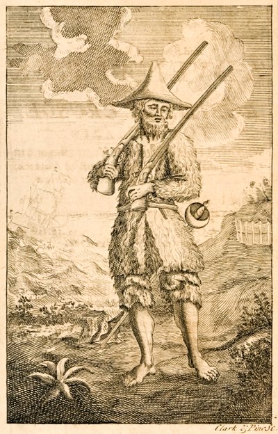 Robinson Crusoe frontispiece illustration showing the supposed author Crusoe on the shore with muskets and sword, from The Life and Strange Surprising Adventures of Robinson Crusoe by English School